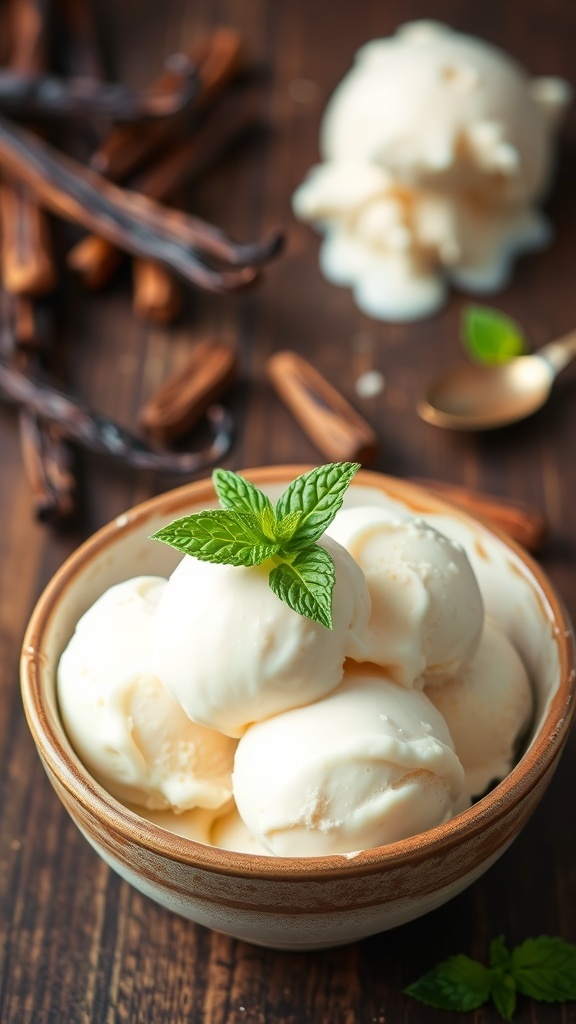 A bowl of vanilla ice cream topped with mint, with vanilla beans in the background.